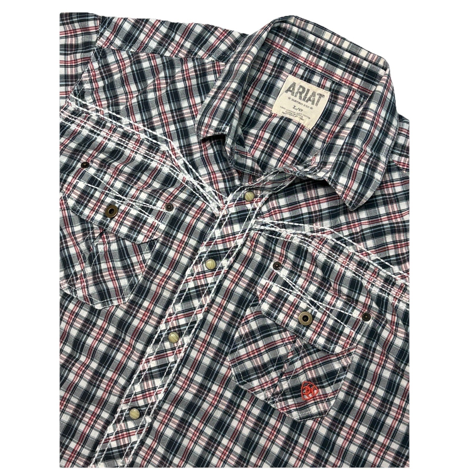 Ariat Retro Fit Western Shirt Mens L Plaid Pearl Snap Cowboy Rodeo Short Sleeve